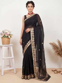 Sareemall - Women's Kota Doria Cotton Black Embellished Designer Saree with Unstitched Blouse