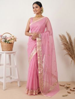 Sareemall - Women's Kota Doria Cotton Pink Embellished Designer Saree with Unstitched Blouse