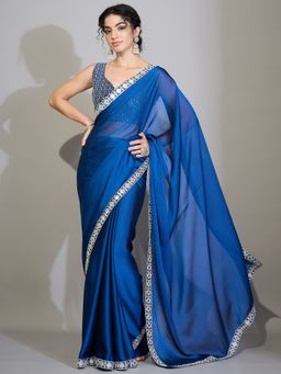 Sareemall - Women's Pure Georgette Blue Embellished Designer Saree with Unstitched Blouse