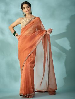 Sareemall - Women's Supernet Rust Embroidered Designer Saree with Unstitched Blouse