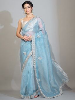Sareemall - Women's Georgette Light Blue Zari Embroidered Designer Saree with Unstitched Blouse