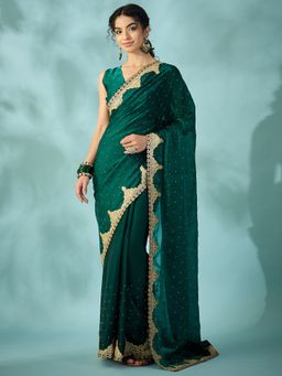 Sareemall - Women's Satin Teal Green Embellished Designer Saree with Unstitched Blouse