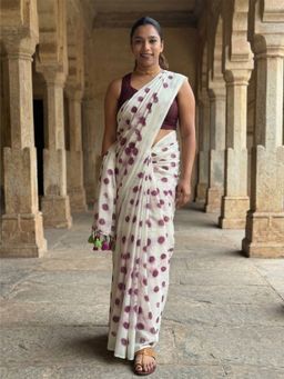Anjaneya Sarees - White-Purple Designer Linen Printed Saree with Unstitched Blouse