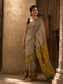 Anjaneya Sarees - Yellow Designer Linen Printed Saree with Unstitched Blouse