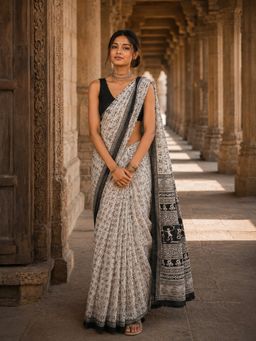Anjaneya Sarees - White Designer Linen Printed Saree with Unstitched Blouse