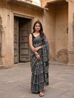 Anjaneya Sarees - Black Designer Linen Printed Saree with Unstitched Blouse