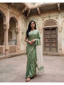 Anjaneya Sarees - Green Designer Linen Printed Saree with Unstitched Blouse