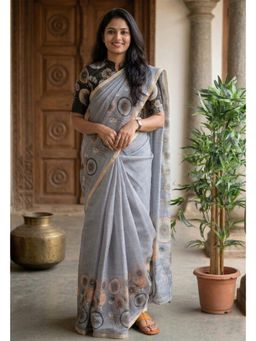 Anjaneya Sarees - Grey Designer Linen Printed Saree with Unstitched Blouse