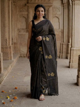 Anjaneya Sarees - Black Designer Linen Printed Saree with Unstitched Blouse