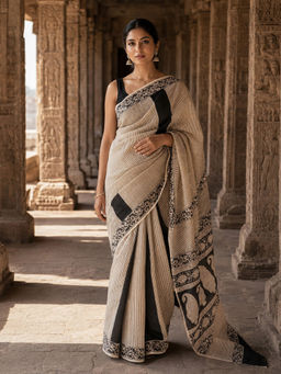 Anjaneya Sarees - Beige Designer Linen Printed Saree with Unstitched Blouse