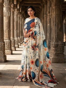 Anjaneya Sarees - White Designer Linen Printed Saree with Unstitched Blouse