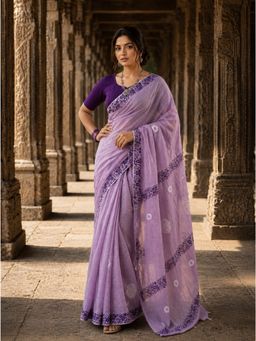 Anjaneya Sarees - Purple Designer Linen Printed Saree with Unstitched Blouse