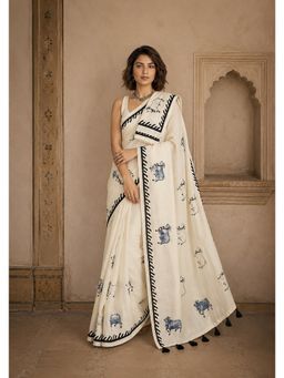 Anjaneya Sarees - Beige Designer Linen Printed Saree with Unstitched Blouse