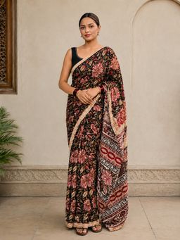 Anjaneya Sarees - Black Designer Linen Printed Saree with Unstitched Blouse