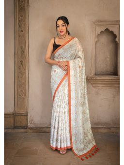 Anjaneya Sarees - White-Orange Designer Linen Printed Saree with Unstitched Blouse