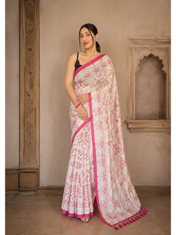 Anjaneya Sarees - White-Pink Designer Linen Printed Saree with Unstitched Blouse