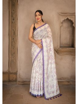 Anjaneya Sarees - White-Purple Designer Linen Printed Saree with Unstitched Blouse
