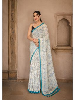 Anjaneya Sarees - White-Teal Designer Linen Printed Saree with Unstitched Blouse