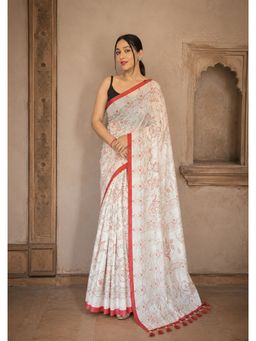 Anjaneya Sarees - White-Red Designer Linen Printed Saree with Unstitched Blouse
