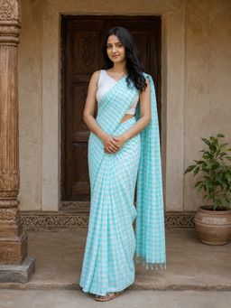 Anjaneya Sarees - Blue Designer Linen Printed Saree with Unstitched Blouse