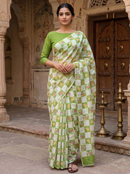 Anjaneya Sarees - Green Designer Linen Printed Saree with Unstitched Blouse