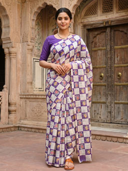 Anjaneya Sarees - Purple Designer Linen Printed Saree with Unstitched Blouse