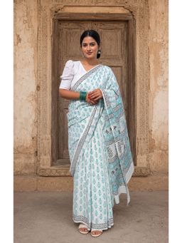 Anjaneya Sarees - White Designer Linen Printed Saree with Unstitched Blouse