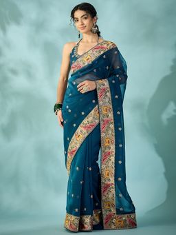 Sareemall - Women's Chiffon Teal Blue Zari Embroidered Designer Saree with Unstitched Blouse