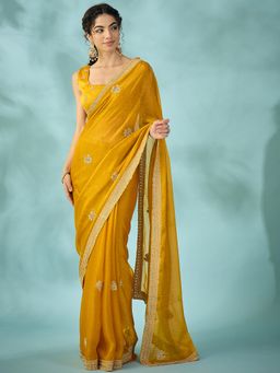 Sareemall - Women's Chiffon Mustard Zari Embroidered Designer Saree with Unstitched Blouse