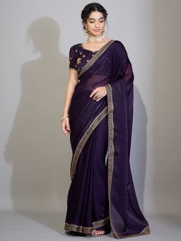 Sareemall - Women's Satin Purple Zari Embroidered Designer Saree with Unstitched Blouse
