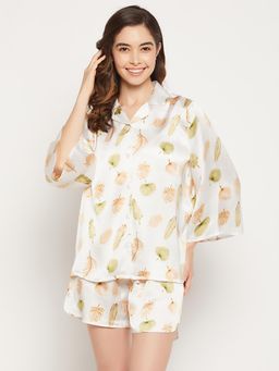 Clovia - Leaf Print 3 Piece Nightwear Set In White - Satin