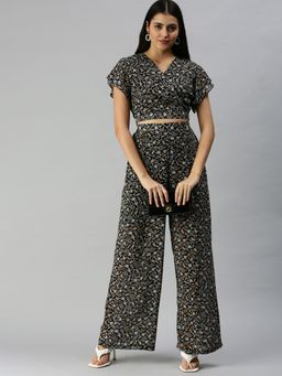 SHOWOFF - Women Above Knee V-Neck Black Floral Co-Ord (Set of 2)