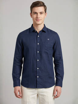 LINENWEAR - Navy Blue Linen Blend Collar Neck Textured Shirt