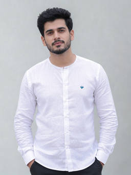 LINENWEAR - Men's White Solid Mandarin Collar Regular Fit Shirt