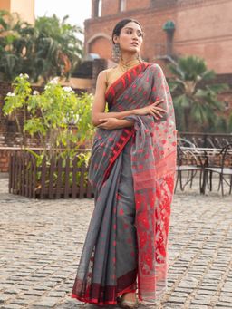 Beatitude - Grey Cotton Silk Jacquard Jamdani Saree Without Blouse