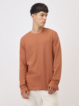 Nobero - Men Popcorn Textured Cotton T-Shirts Brown