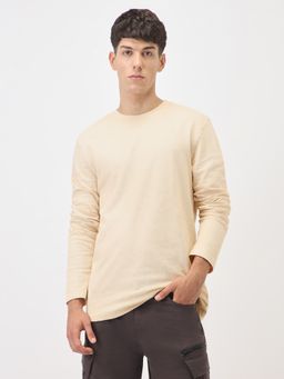 Nobero - Men Popcorn Textured Cotton T-Shirts Beige