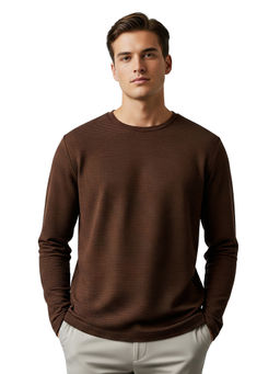 Nobero - Men Textured Full Sleeves T-Shirt Brown