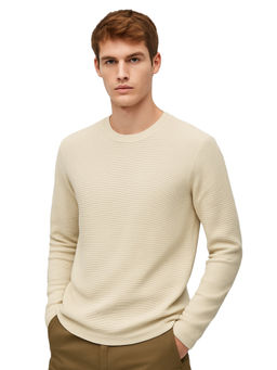 Nobero - Men Textured Full Sleeves T-Shirt Beige