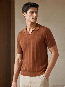 Nobero - Men Textured Polo Cotton T-Shirts Brown