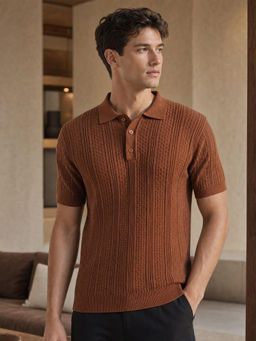Nobero - Men Textured Button Polo T-Shirts Brown