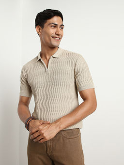 Nobero - Men Textured Zip Polo T-Shirts Beige