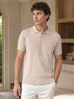 Nobero - Men Textured Polo Cotton T-Shirts Beige
