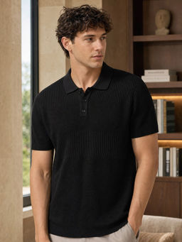 Nobero - Men Multi Textured Polo T-Shirt Black