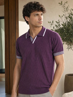 Nobero - Men Grid Knit Textured Polo T-Shirts Purple
