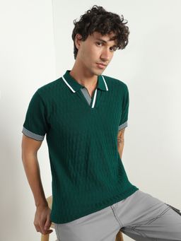 Nobero - Men Grid Knit Textured Polo T-Shirts Green