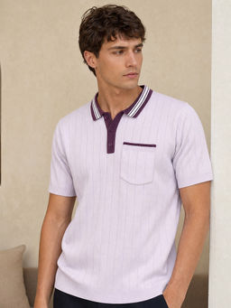 Nobero - Men Contrast Collar Textured Cotton Polo T-Shirts Purple