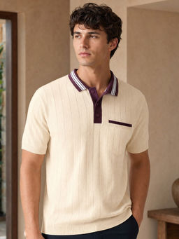 Nobero - Men Contrast Collar Textured Cotton Polo T-Shirts Beige