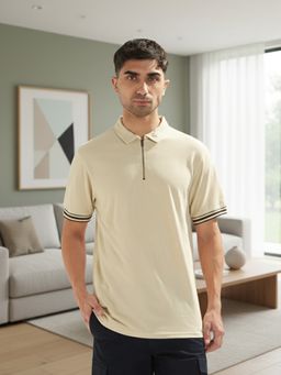 Nobero - Men Textured Polo Cotton T-Shirts Beige