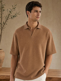 Nobero - Men Oversized Polo T-Shirts Beige